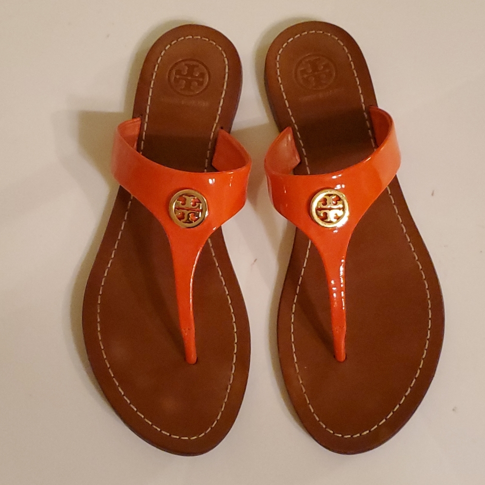 Tory Burch Orange Patent Leather Thong Sandals - Picture 7 of 11